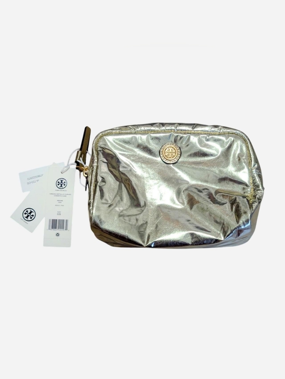 NWT New Tory Burch Gold Virginia Metallic Curved Make Up Bag Cosmetic Pouch $128